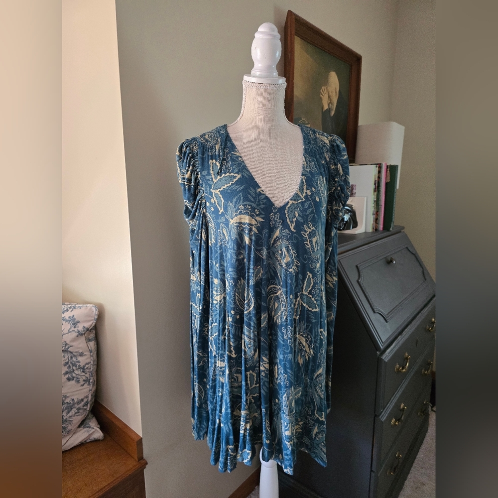 Free People Womens MEDIUM long Puff Sleeves Green Floral Short Dress - Picture 2 of 8